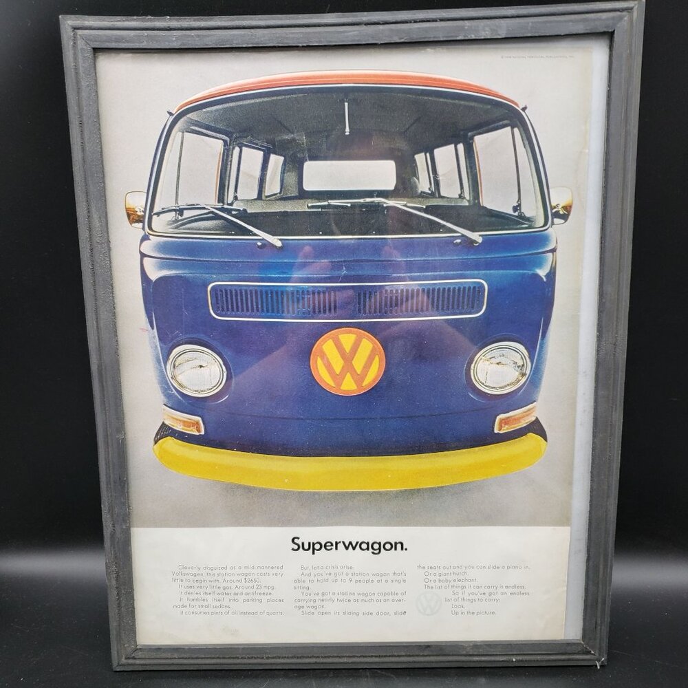 Vintage Volkswagen “Superwagon” Framed Print 1968 VW Bus Ad 15 x 11.75